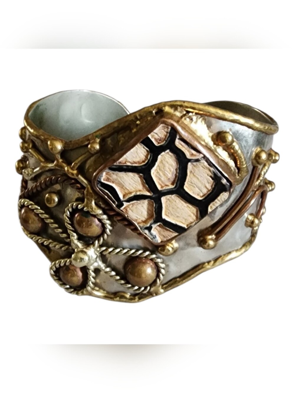 Brutalist Mixed Metal Copper Wide Cuff Bracelet Vintage